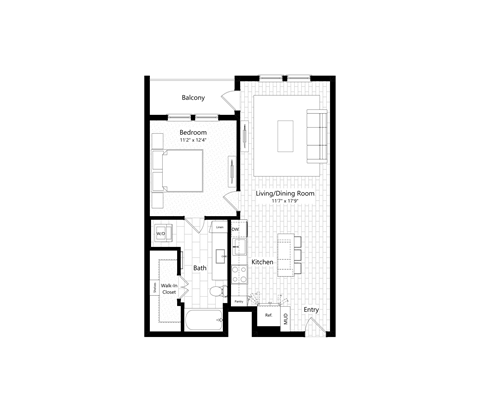 Floor plan for 1 bed, 1 bath, 734 sqft